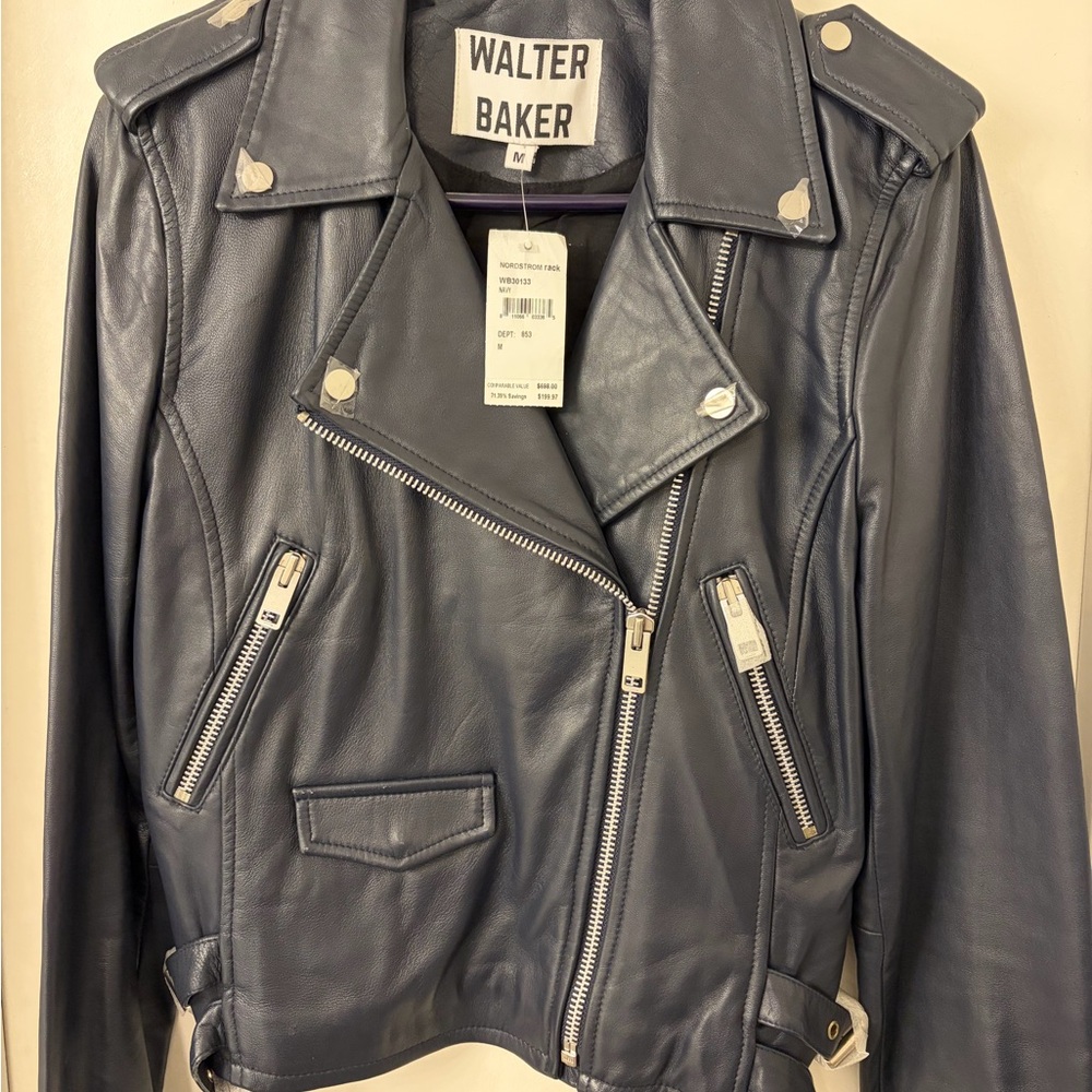 Walter Baker Women's Navy Leather Jacket with Silver Accents